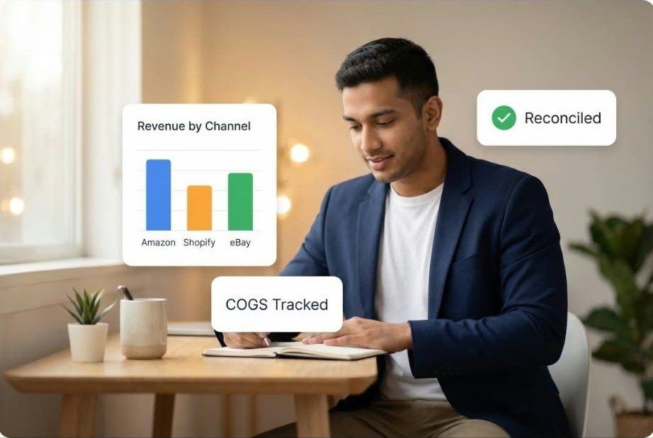 E-commerce seller reviewing sales channels and reconciliation status