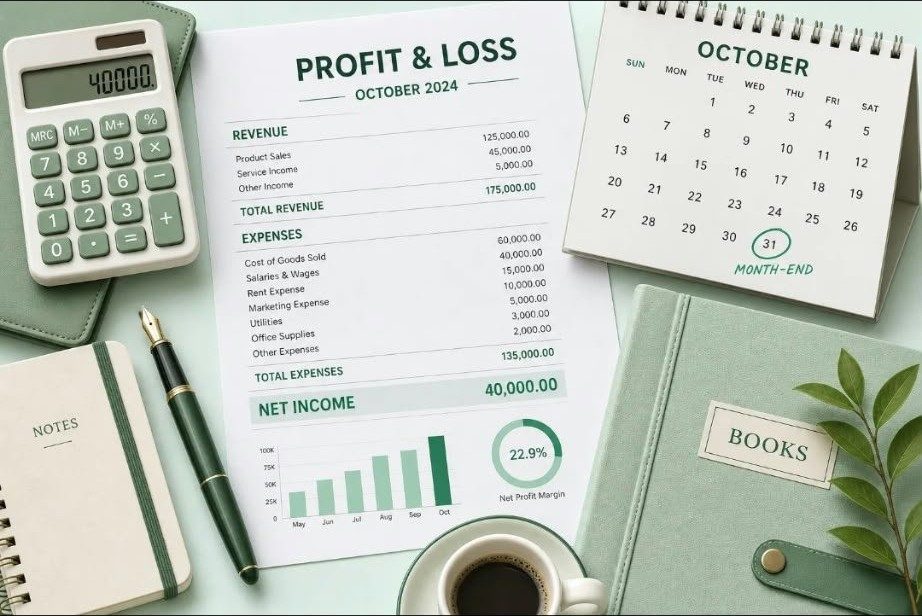 Profit and loss statement with calculator and month-end calendar