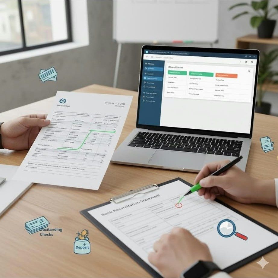 Hands reconciling a bank statement against accounting records